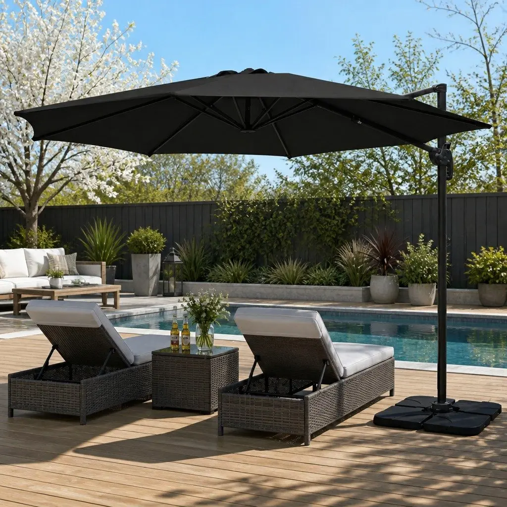 Outdoor Umbrella Polyester 3m Black Octagonal Canopy 360 Rotatable