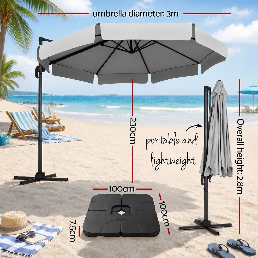 Outdoor Umbrella Polyester 3m Octagonal Grey Aluminium Black