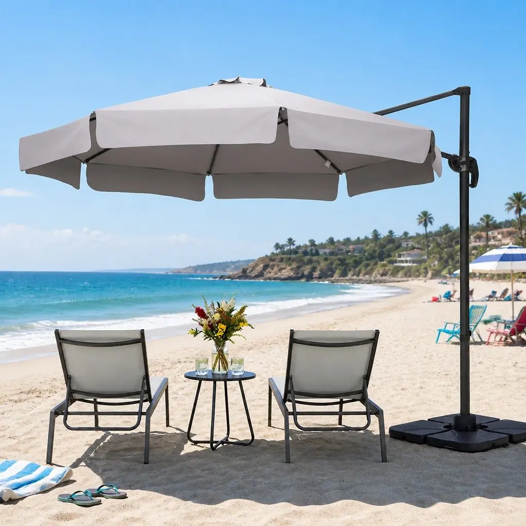 Outdoor Umbrella Polyester 3m Octagonal Grey Aluminium Black