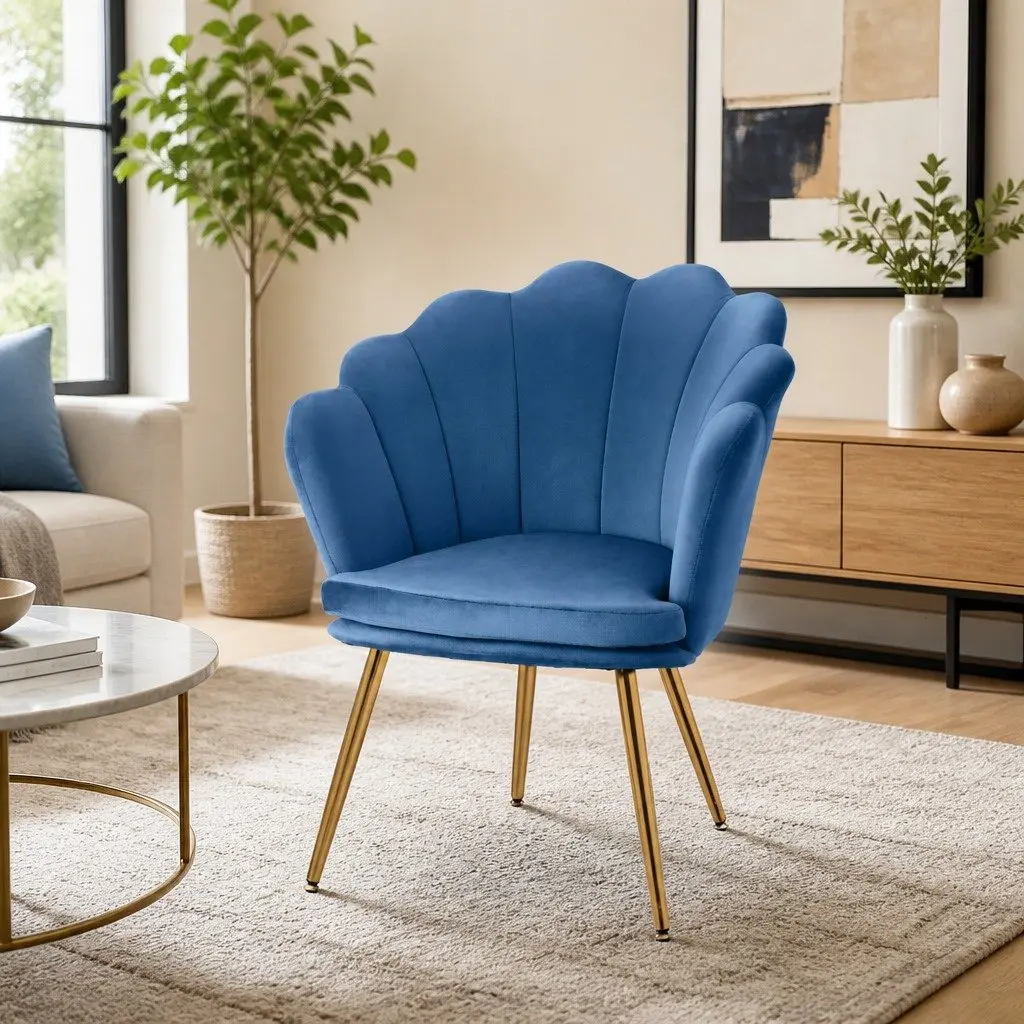 Navy Velvet Armchair with Unique Shell Back and Golden Legs