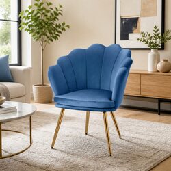 Navy Velvet Armchair with Unique Shell Back and Golden Legs