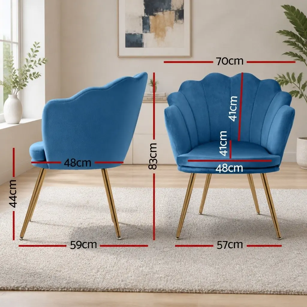 Navy Velvet Armchair with Unique Shell Back and Golden Legs