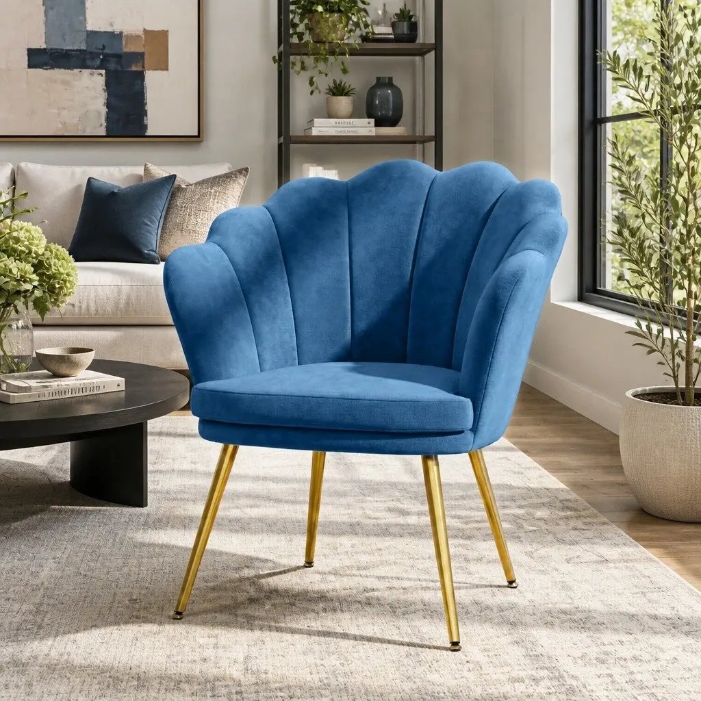 Navy Velvet Armchair with Unique Shell Back and Golden Legs