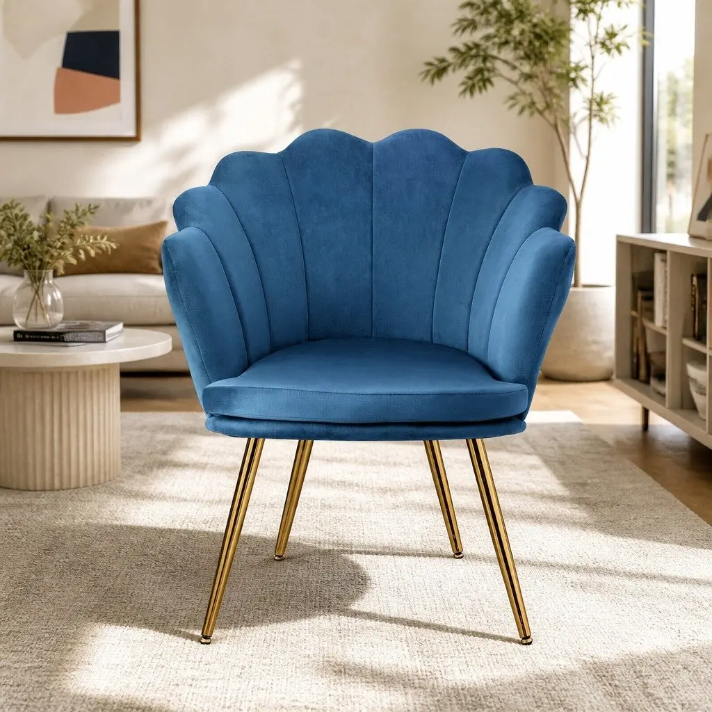 Navy Velvet Armchair with Unique Shell Back and Golden Legs