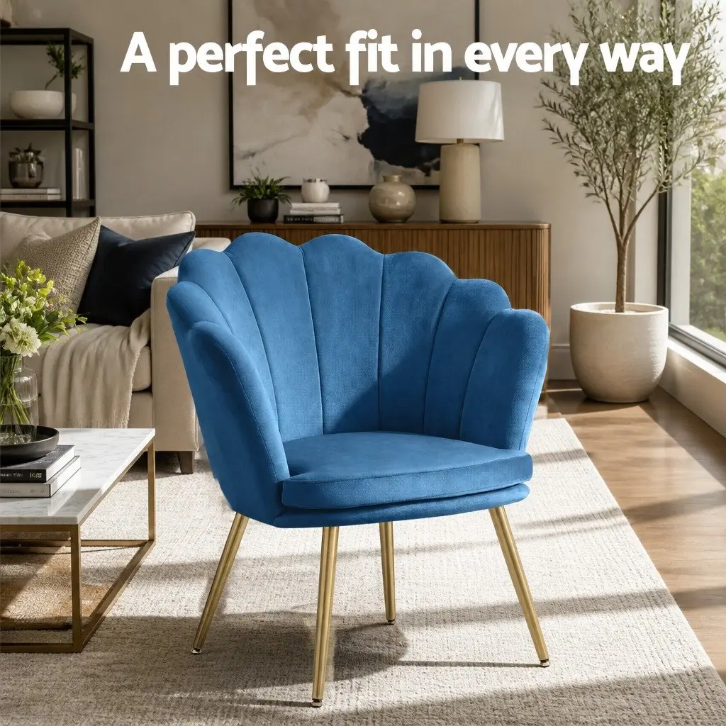 Navy Velvet Armchair with Unique Shell Back and Golden Legs