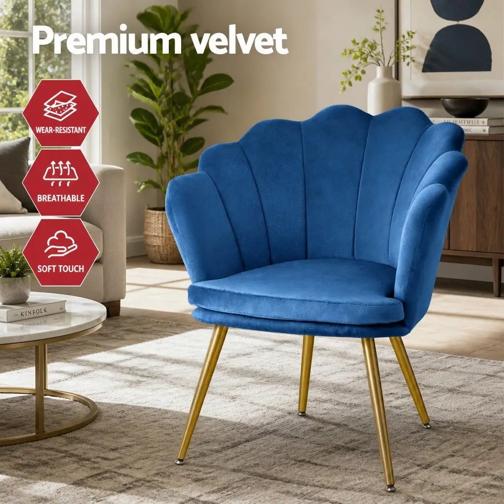 Navy Velvet Armchair with Unique Shell Back and Golden Legs