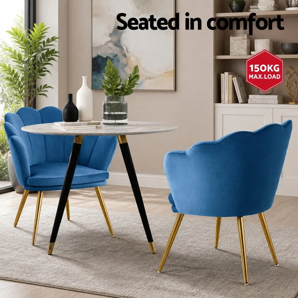 Navy Velvet Armchair with Unique Shell Back and Golden Legs