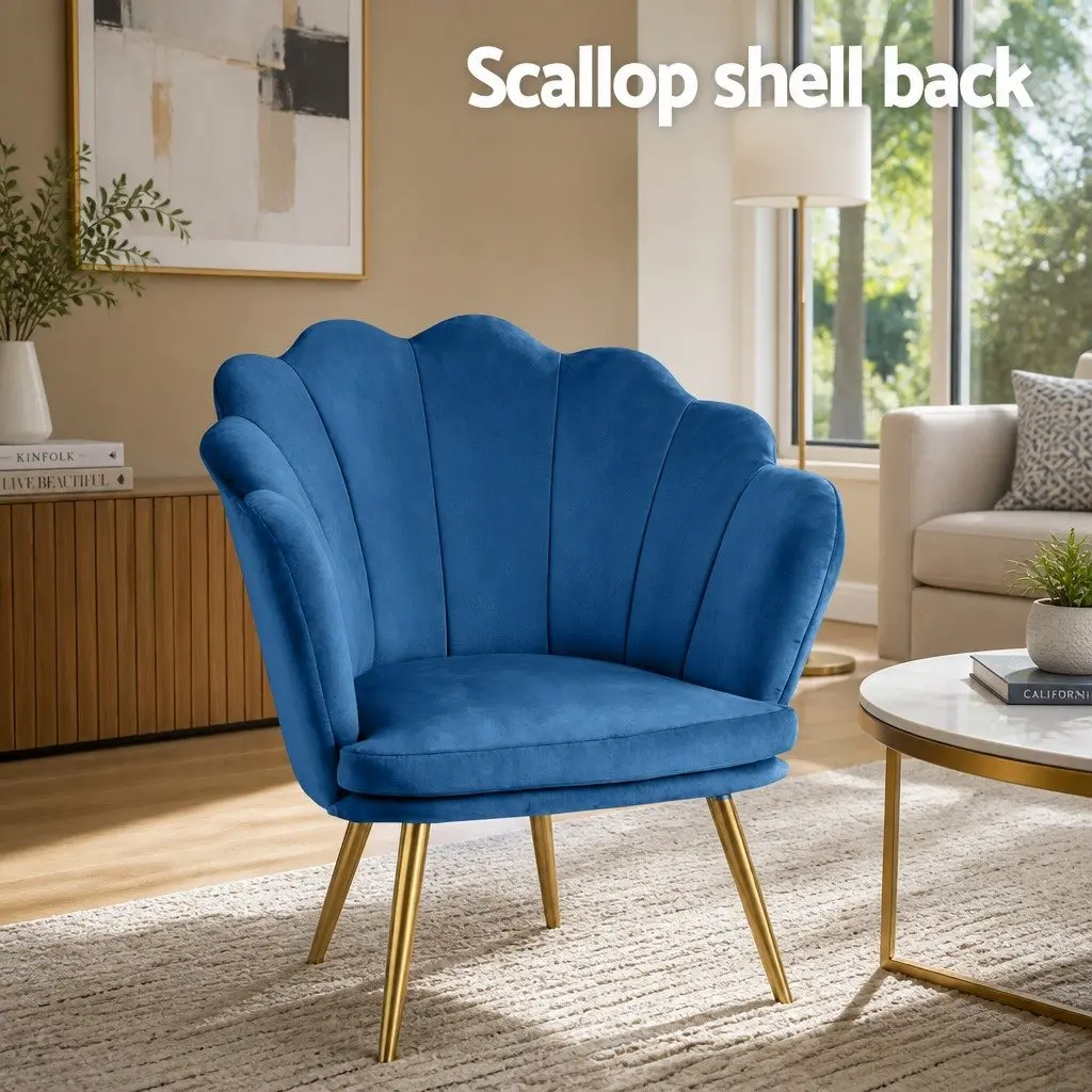 Navy Velvet Armchair with Unique Shell Back and Golden Legs