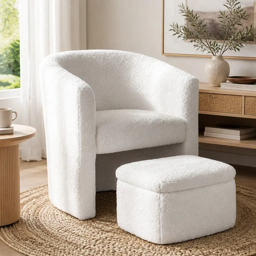 Armchair with Storage Ottoman in White Boucle