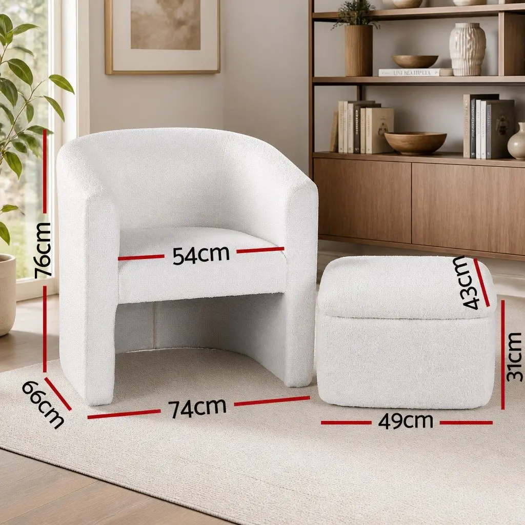 Armchair Upholstered Sherpa Fleece White with Ottoman Storage Footrest