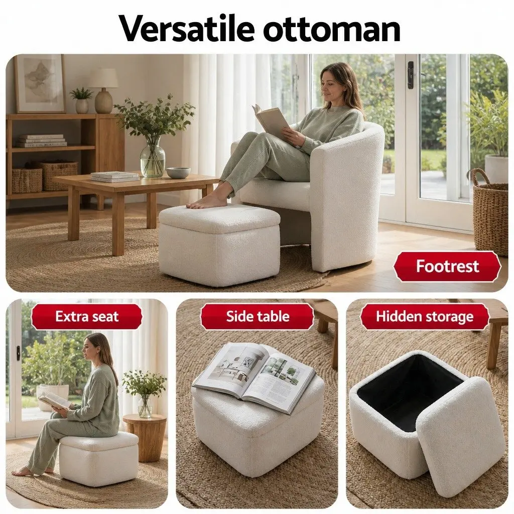 Armchair Upholstered Sherpa Fleece White with Ottoman Storage Footrest