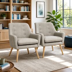 Beige Upholstered Accent Armchair Pair with Tufted Backrest