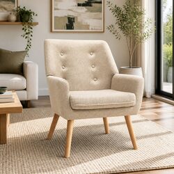 Armchair Linen Upholstered Beige Tufted Button Design Full Size Seating Foam
