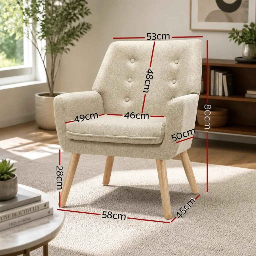 Armchair Linen Upholstered Beige Tufted Button Design Full Size Seating Foam