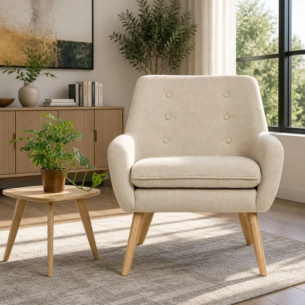 Armchair Linen Upholstered Beige Tufted Button Design Full Size Seating Foam