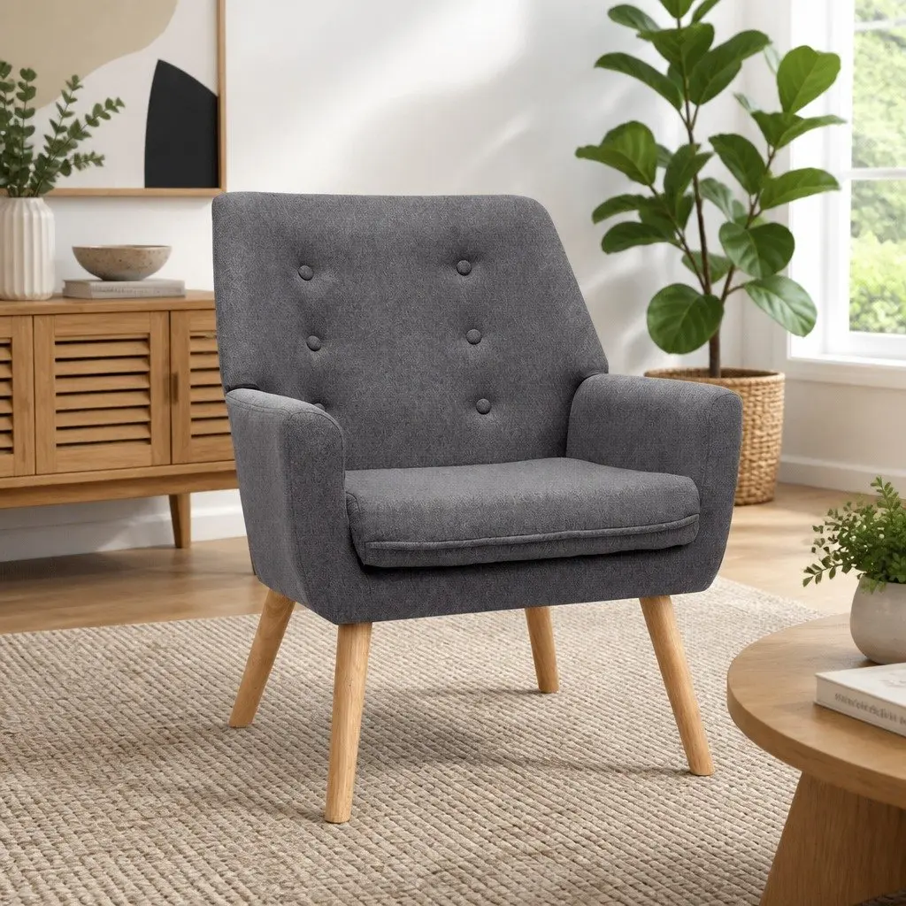 Grey Linen Fabric Upholstered Tufted Armchair