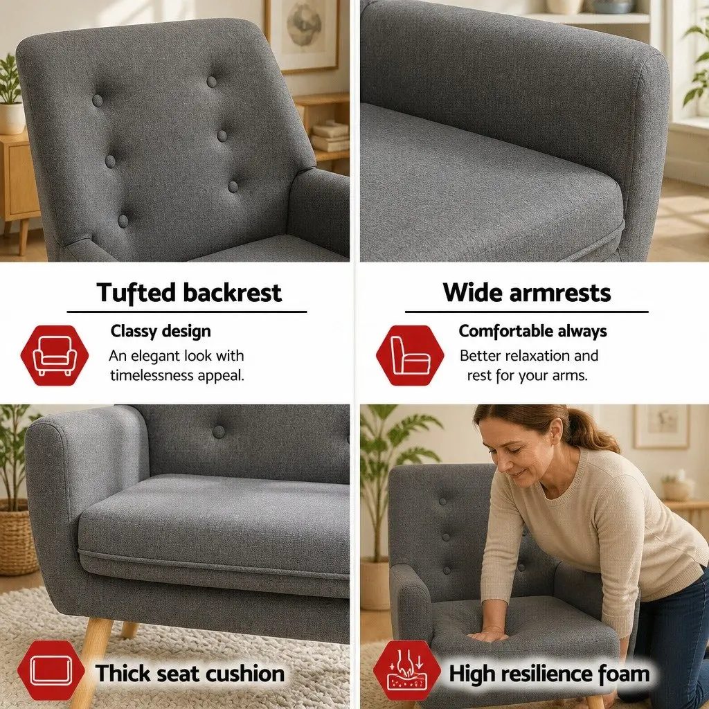 Grey Linen Fabric Upholstered Tufted Armchair