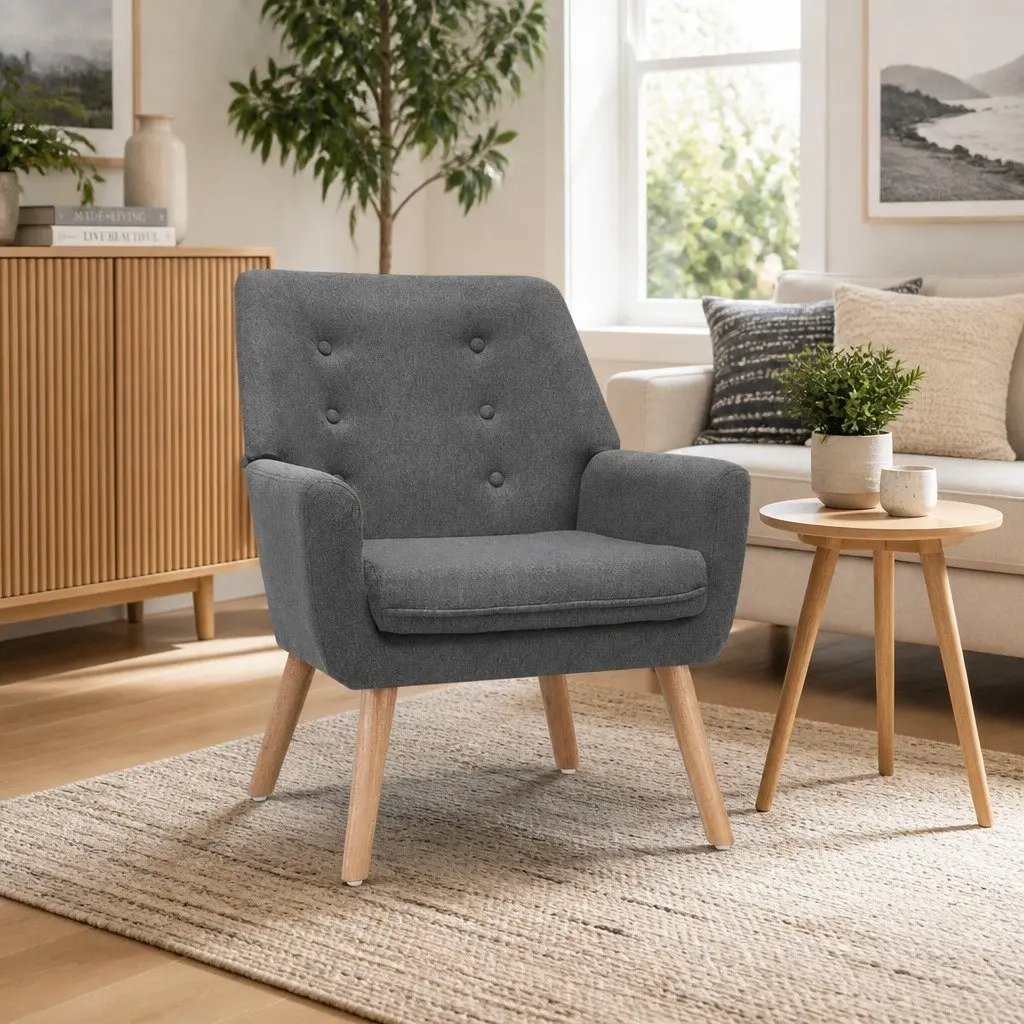 Grey Linen Fabric Upholstered Tufted Armchair
