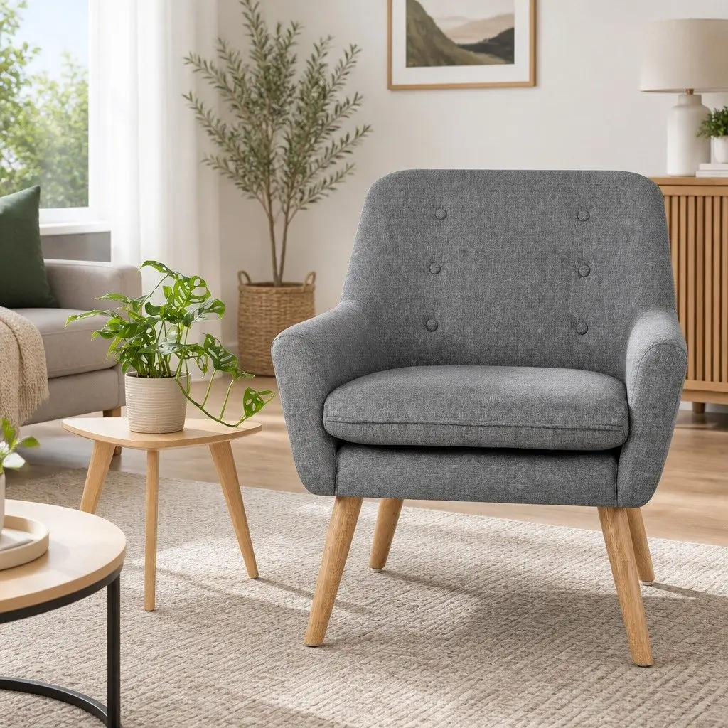 Grey Linen Fabric Upholstered Tufted Armchair