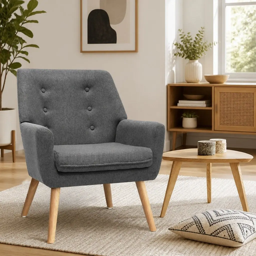 Grey Linen Fabric Upholstered Tufted Armchair