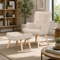 Beige Tufted Armchair Set with Ottoman - Scandinavian Design