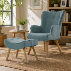 Armchair Set with Ottoman Blue Scandinavian Style Velvet Upholstered Lounge