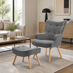 Grey Armchair Set with Matching Ottoman Modern Scandinavian Design Tufted