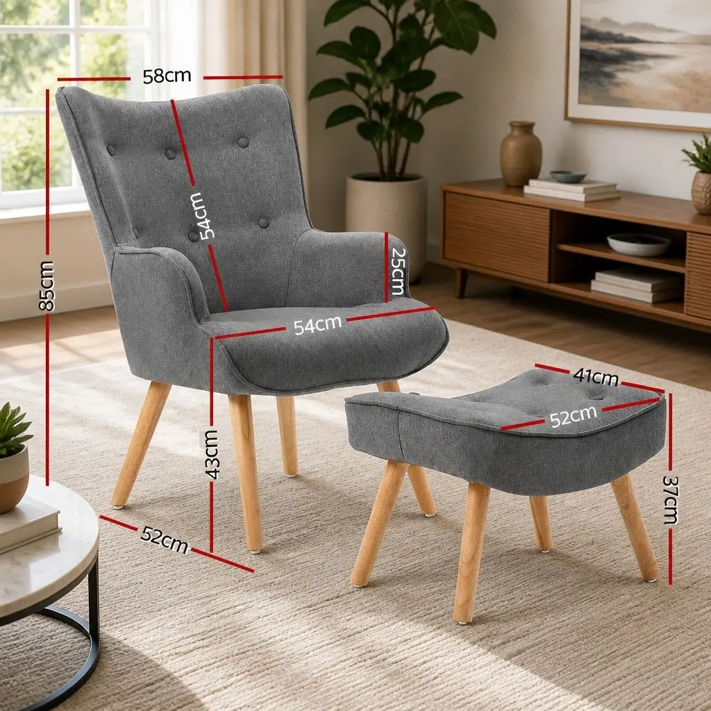 Grey Armchair Set with Matching Ottoman Modern Scandinavian Design Tufted
