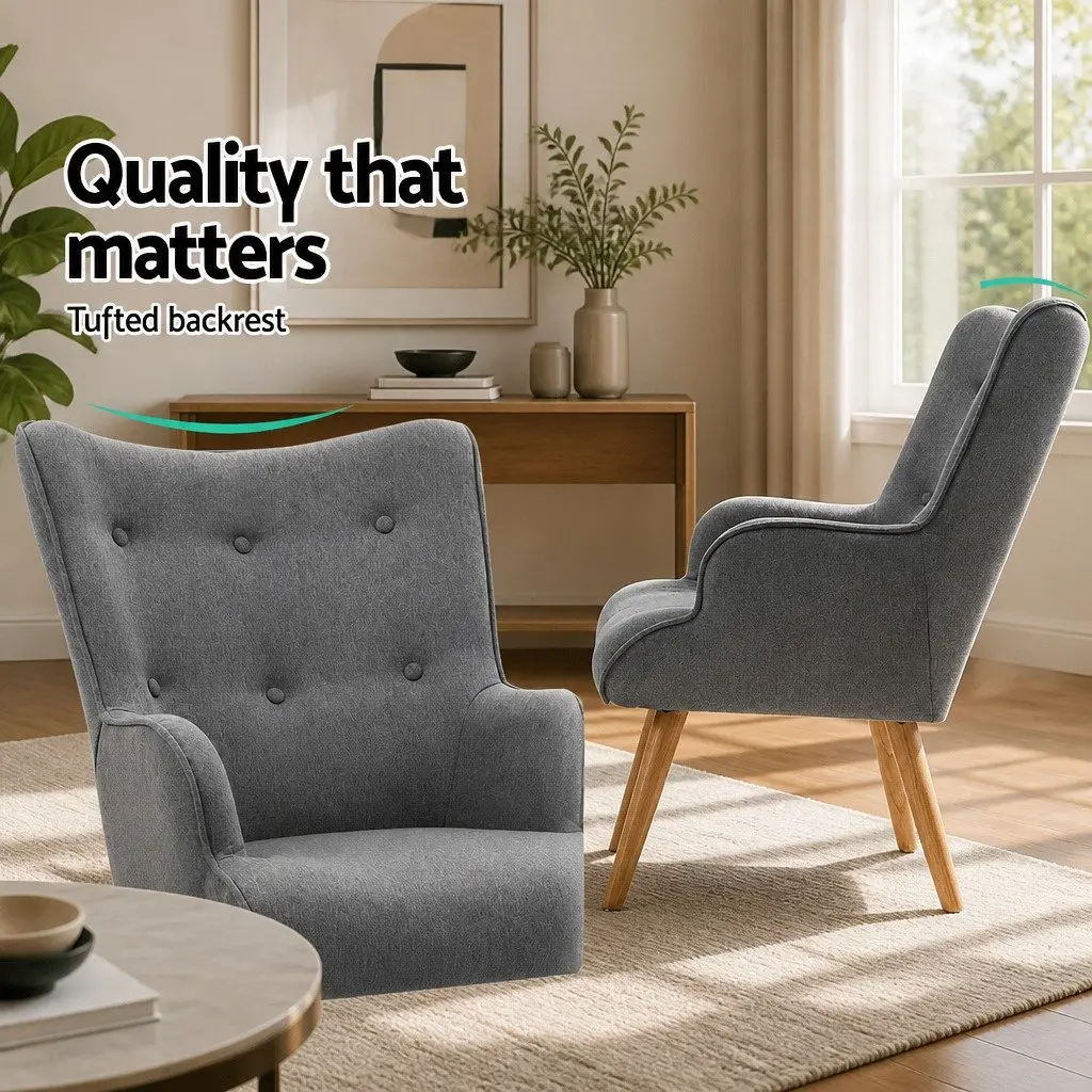 Grey Armchair Set with Matching Ottoman Modern Scandinavian Design Tufted