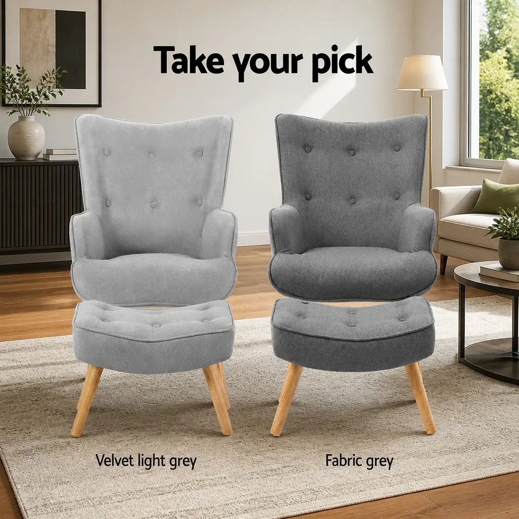 Grey Armchair Set with Matching Ottoman Modern Scandinavian Design Tufted