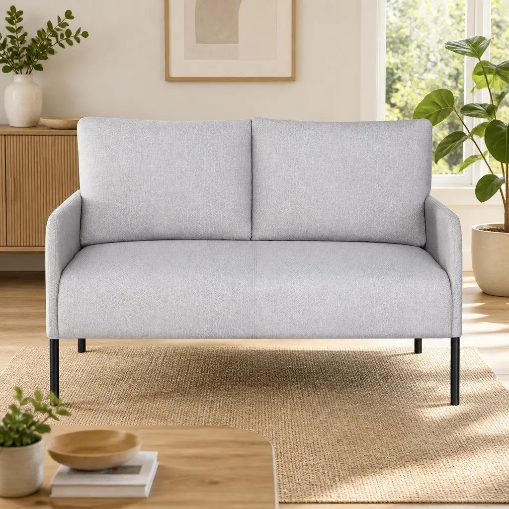 Grey Linen 2-Seater Armchair with Metal Frame