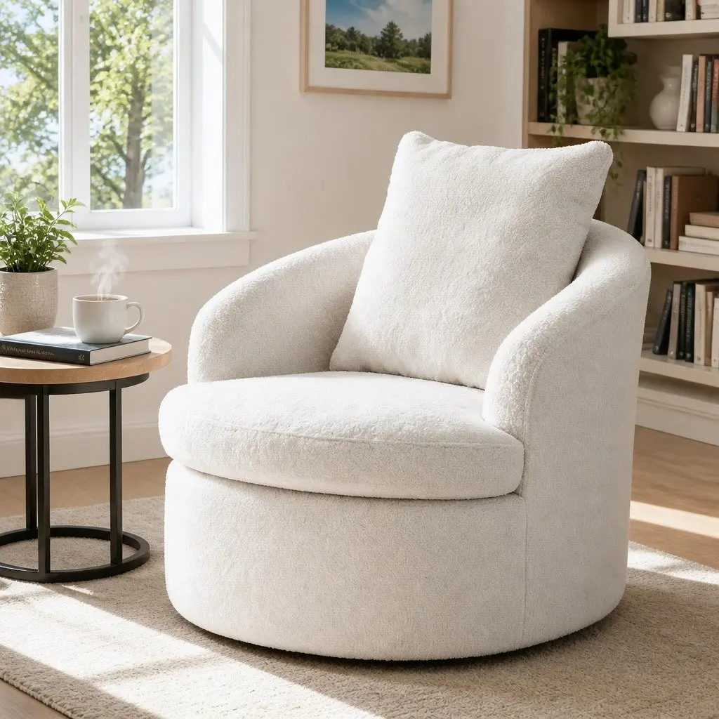 Round Swivel Armchair in White Sherpa Fleece