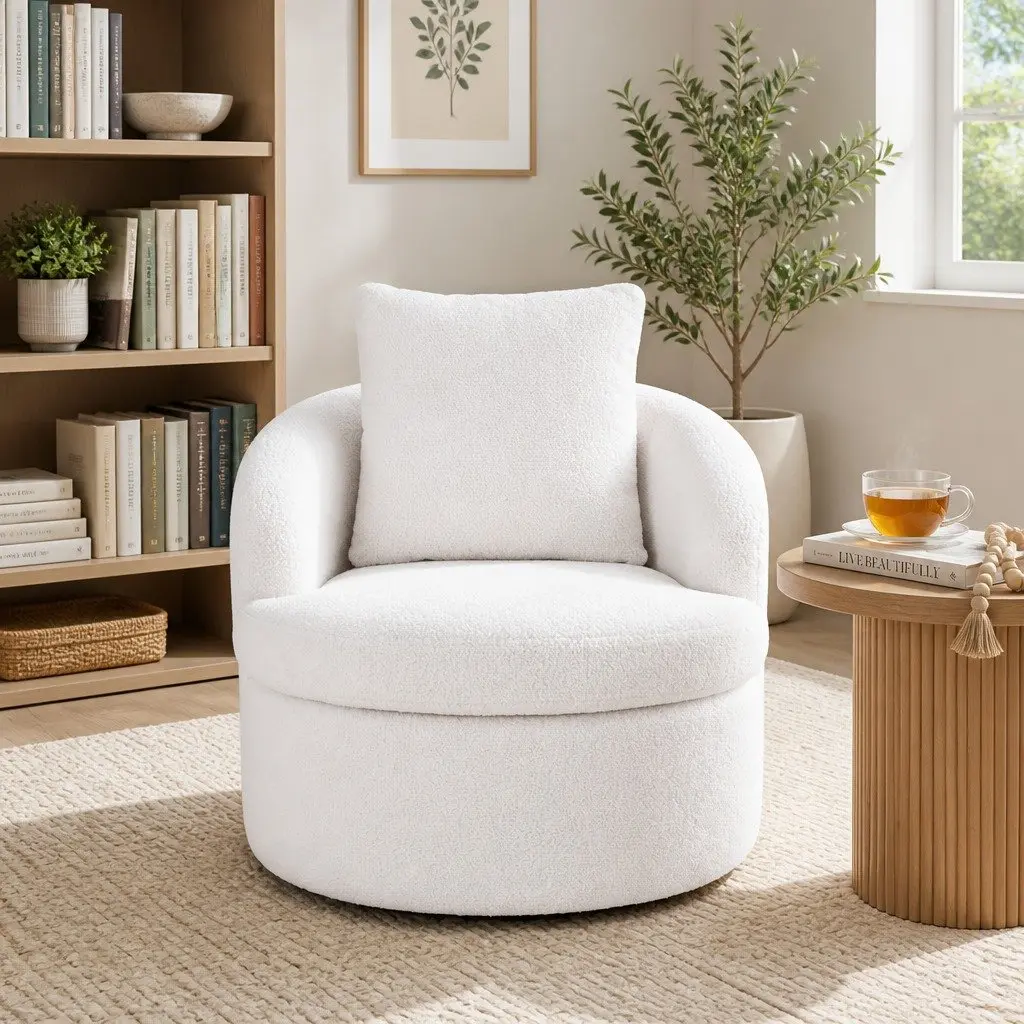 Round Swivel Armchair in White Sherpa Fleece