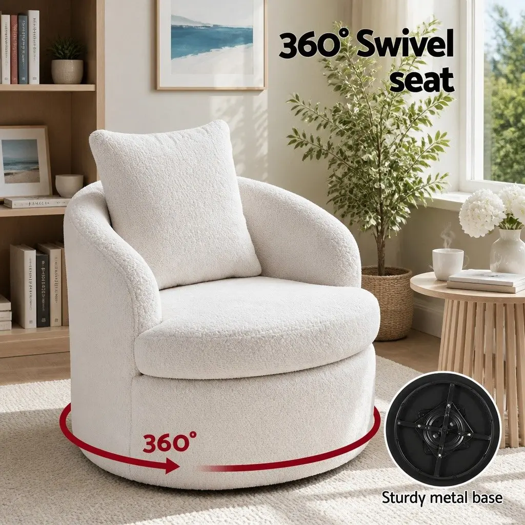 Round Swivel Armchair in White Sherpa Fleece