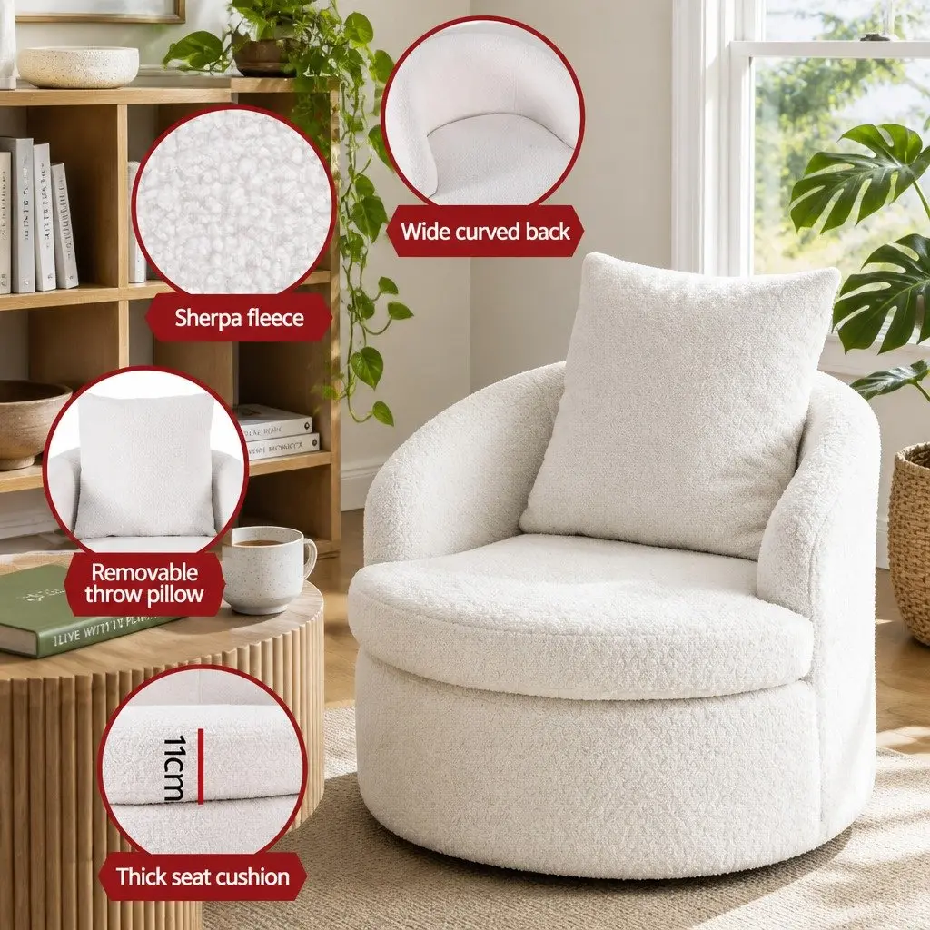 Round Swivel Armchair in White Sherpa Fleece
