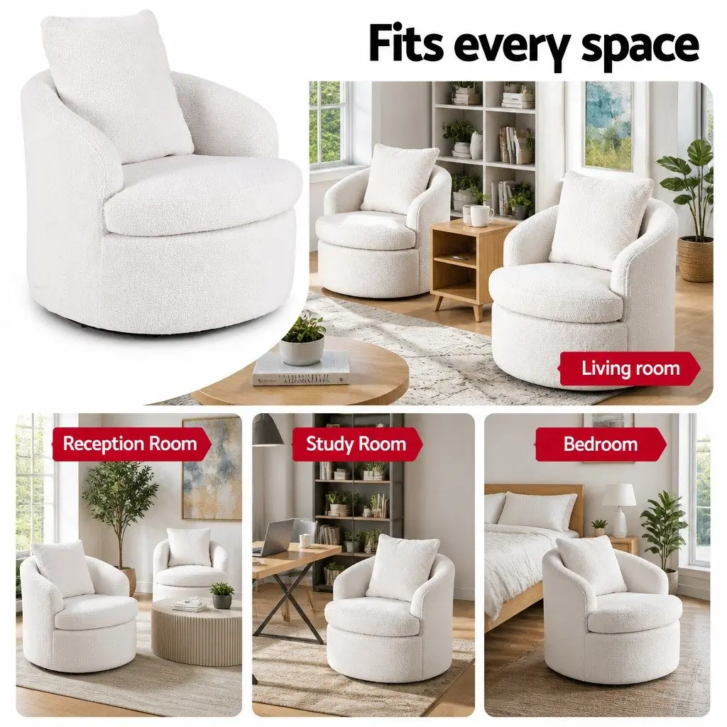 Round Swivel Armchair in White Sherpa Fleece