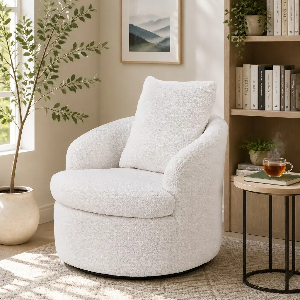Round Swivel Armchair in White Sherpa Fleece