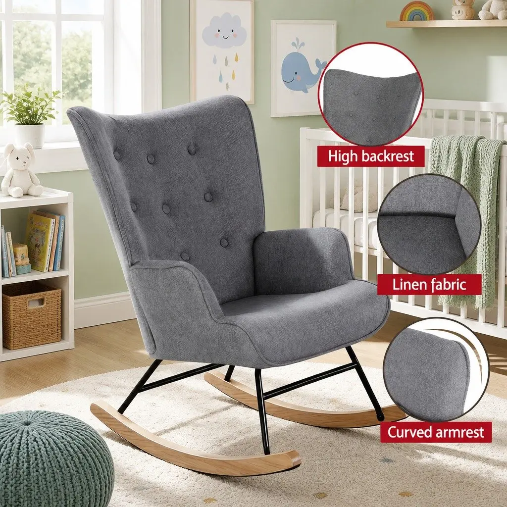 Armchair Linen Fabric Grey Metal Frame