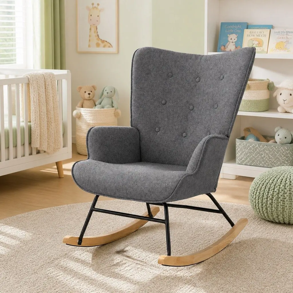 Armchair Linen Fabric Grey Metal Frame