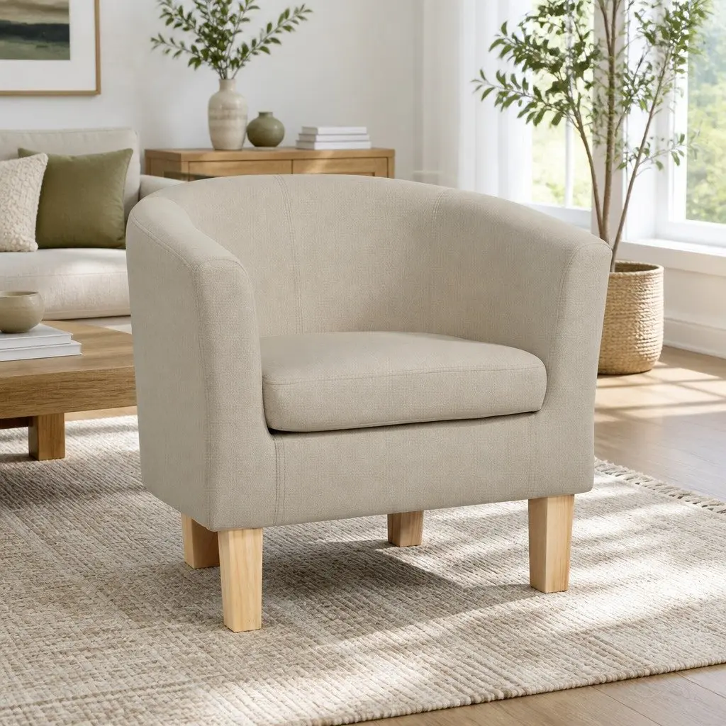 Beige Faux Linen Armchair Tub Chair for Comfort