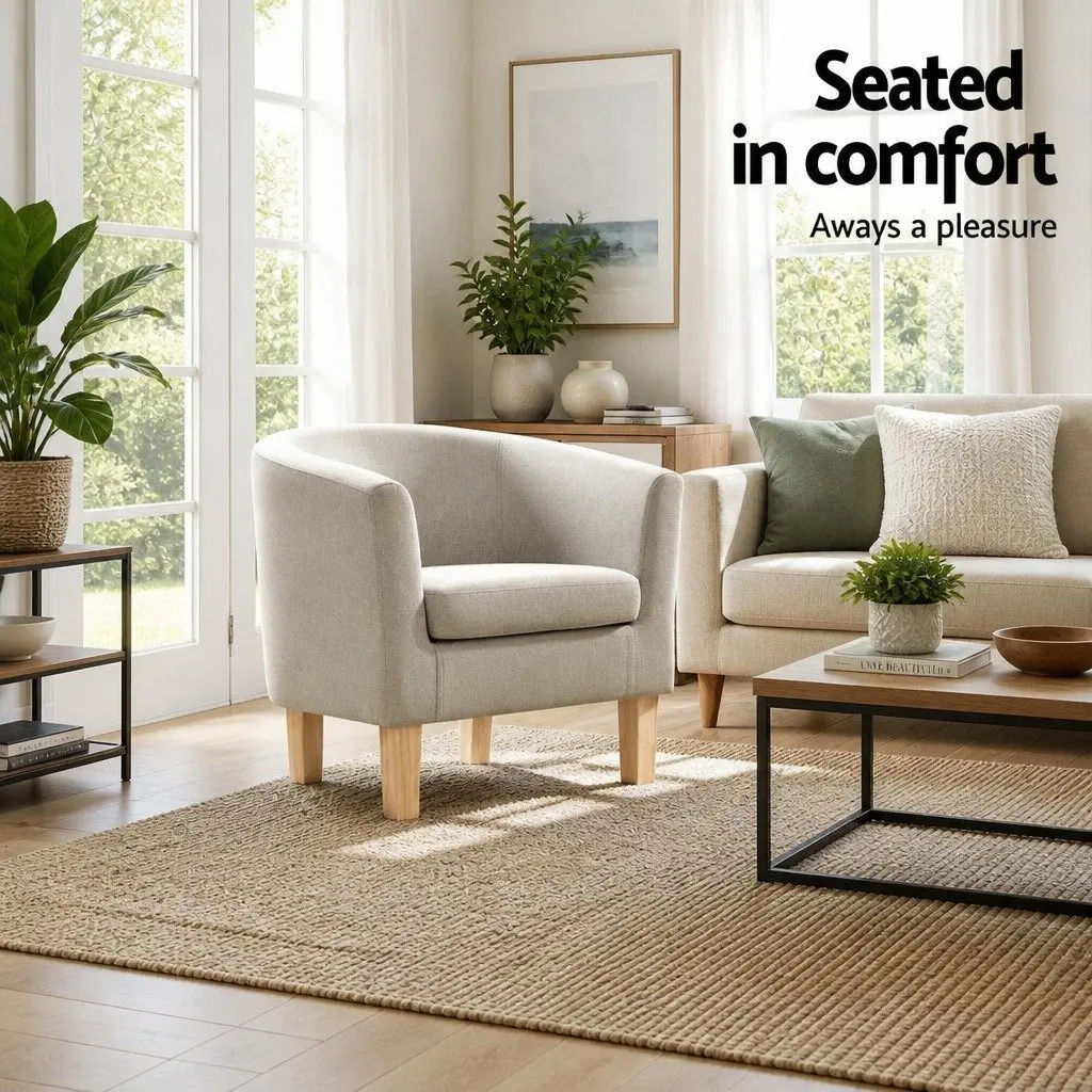 Beige Faux Linen Armchair Tub Chair for Comfort