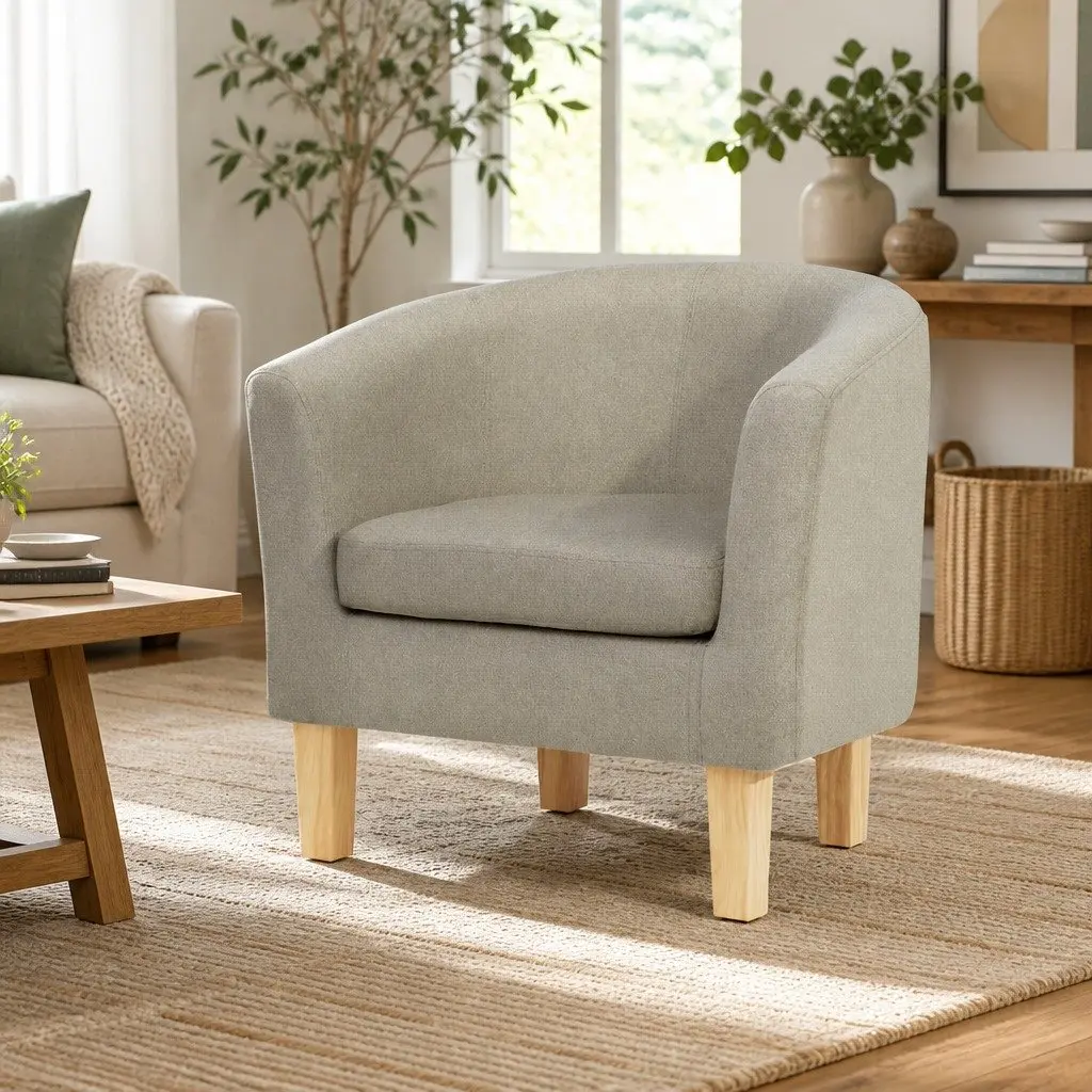Beige Faux Linen Armchair Tub Chair for Comfort