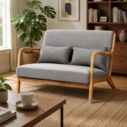 Light Grey 2-Seater Loveseat Sofa with Rubber Wood Frame
