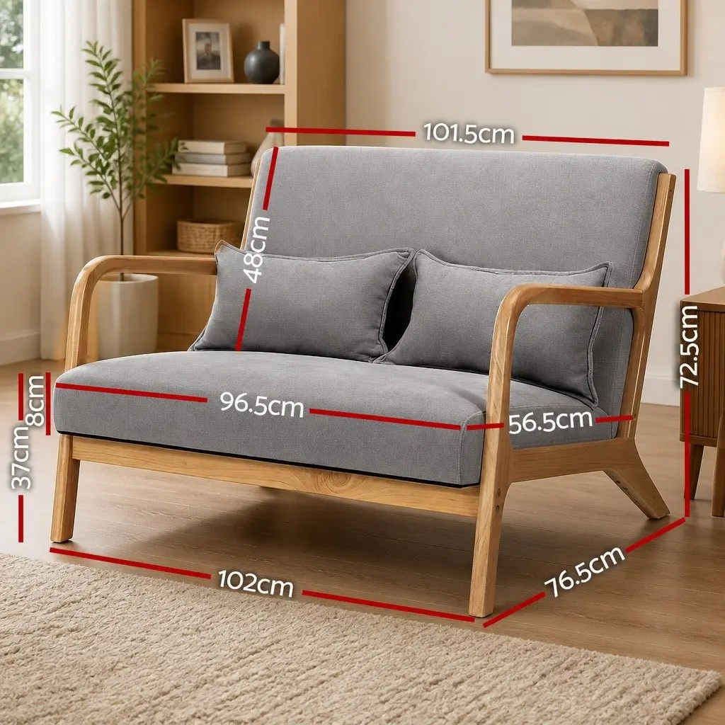 2-Seater Armchair Rubber Wood Frame Light Grey Faux Linen Fabric