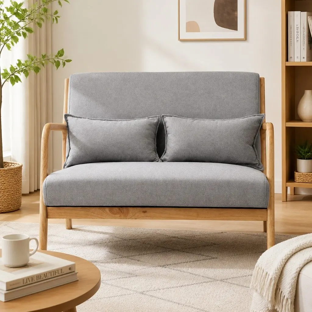 2-Seater Armchair Rubber Wood Frame Light Grey Faux Linen Fabric