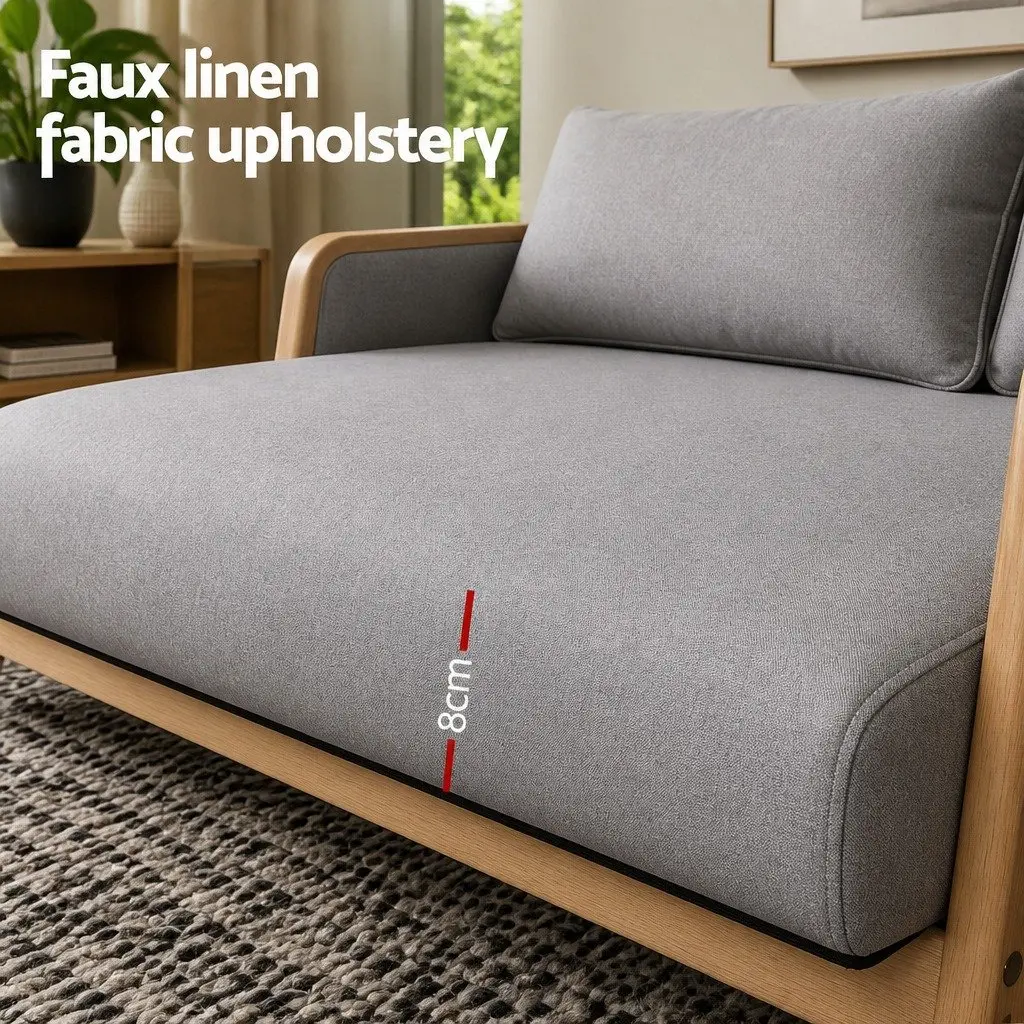 2-Seater Armchair Rubber Wood Frame Light Grey Faux Linen Fabric