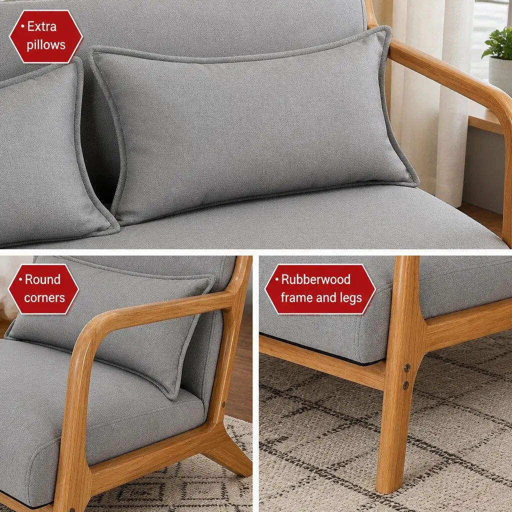 2-Seater Armchair Rubber Wood Frame Light Grey Faux Linen Fabric