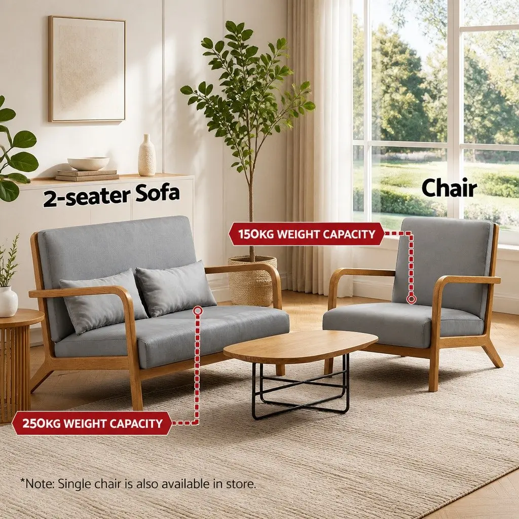 2-Seater Armchair Rubber Wood Frame Light Grey Faux Linen Fabric