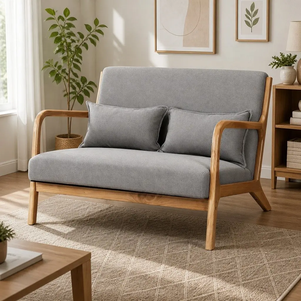 2-Seater Armchair Rubber Wood Frame Light Grey Faux Linen Fabric