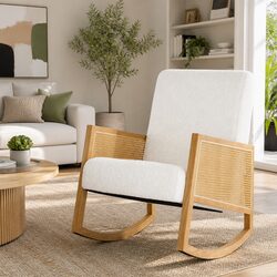 Classic White Rocking Chair with Rattan Armrests